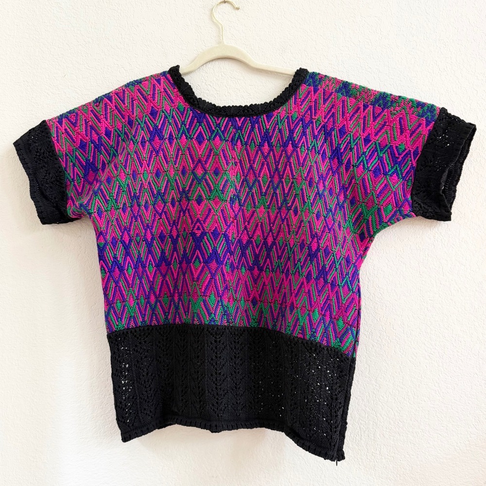 Veranda‎ Wear Women Pink Purple Handwoven Short Sleeve Top Crochet Trim One Size